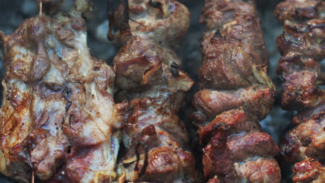 Grilled-meat-on-skewers-at-picnic.-Closeup-shish-kebab-grilling-on-charcoal-grill