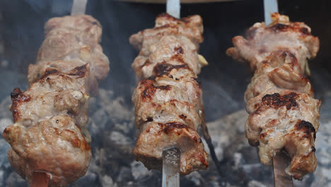 Bbq-meat-skewers-grilling-at-picnic.-Close-up-shish-kebab-on-charcoal-grill