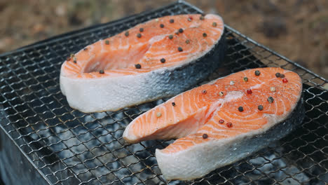 Grilling-salmon-fillet-on-smoking-grill.-Close-up-salmon-fillet-on-grill
