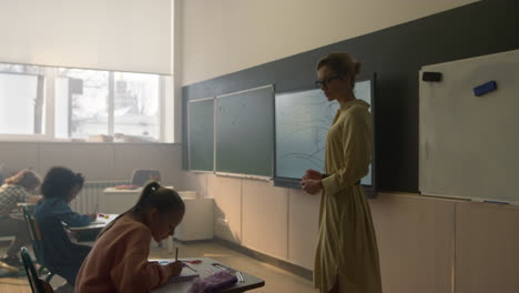 Female-teacher-standing-at-blackboard-in-front-of-class-full-of-children