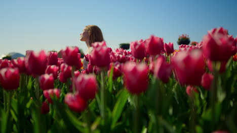 Unrecognizable-woman-sitting-in-tulip-garden.-Unknown-woman-fixing-hair-outdoors