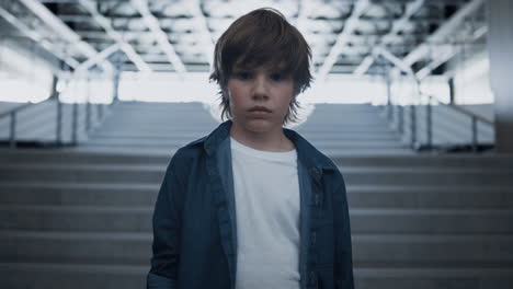 Depressed-school-boy-standing-alone-at-empty-staircase-close-up.-Fearful-eyes