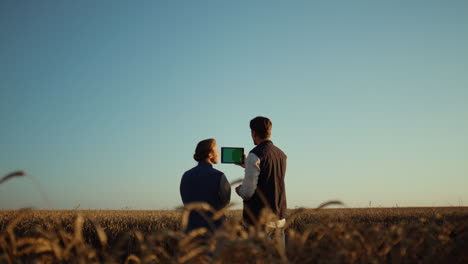 Agriculture-workers-holding-pad-computer-inspecting-cultivated-wheat-harvest.
