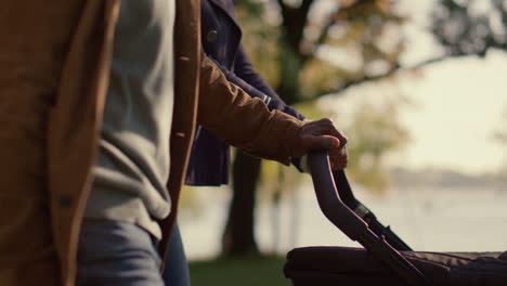 Parents-hands-pushing-carriage-walking-park-closeup.-Unconditional-love-concept.